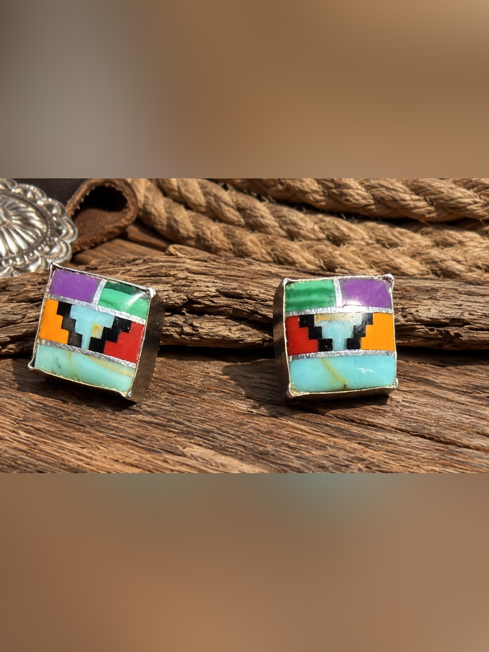 ❤️💜💚 Southwestern Inlay Sterling Silver Stud Earrings 💚💜❤️